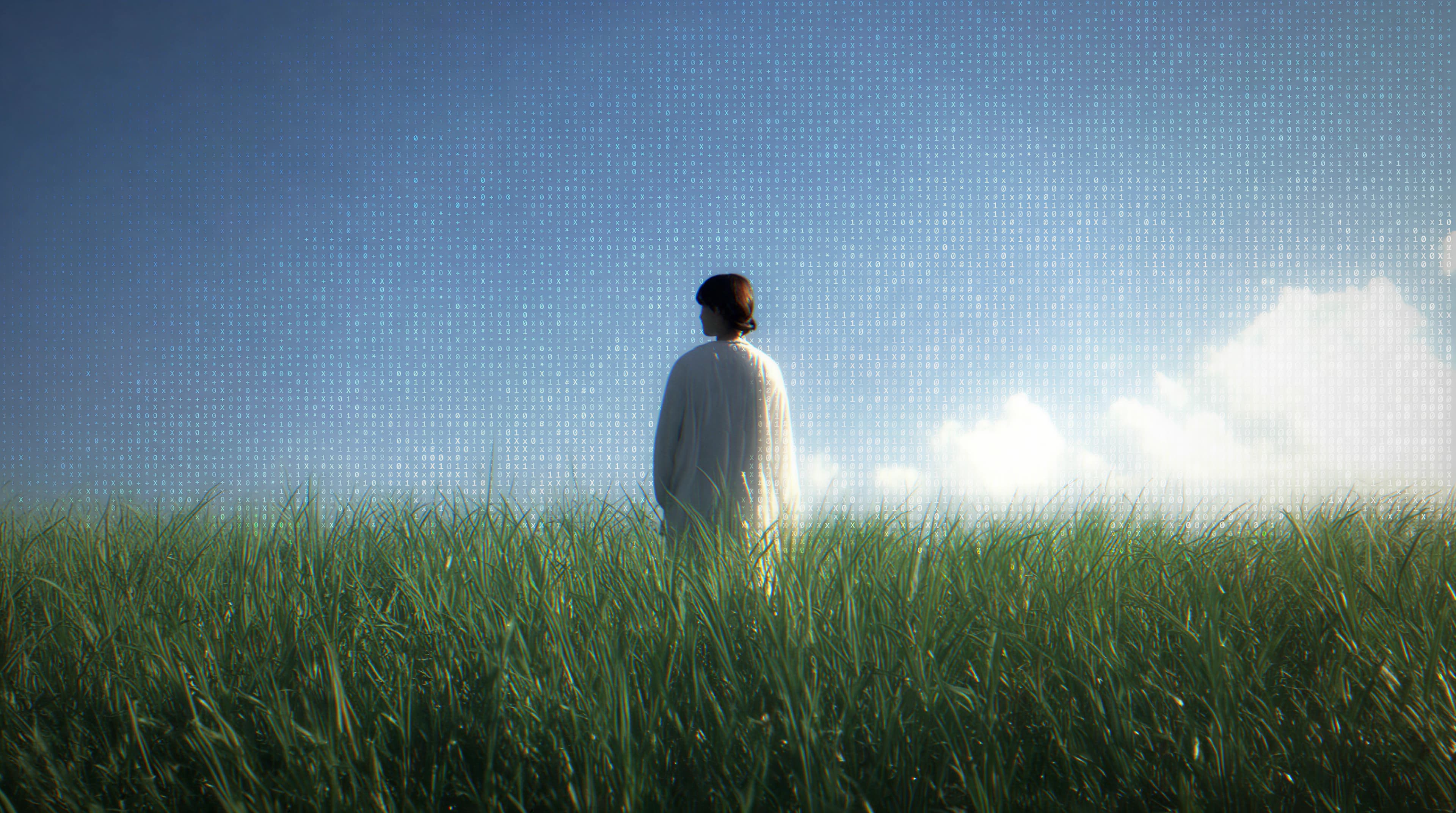 A person standing in a field beneath a sky formed from data symbols
